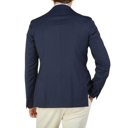 The back view of Alexander Kraft wearing a Navy Blue Loro Piana Wool Unstructured PPJ Jacket by Alexander Kraft Monte Carlo.