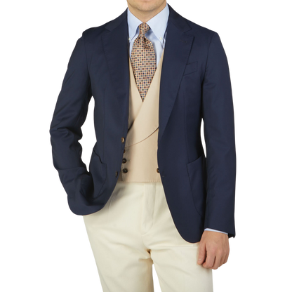 Alexander Kraft is posing in a Navy Blue Loro Piana Wool Unstructured PPJ Jacket by Alexander Kraft Monte Carlo.