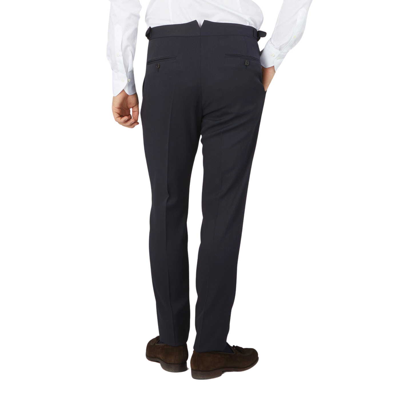 The back view of a man wearing a Navy Blue Textured Worsted Wool Riviera Trousers by Alexander Kraft Monte Carlo with formal trousers.