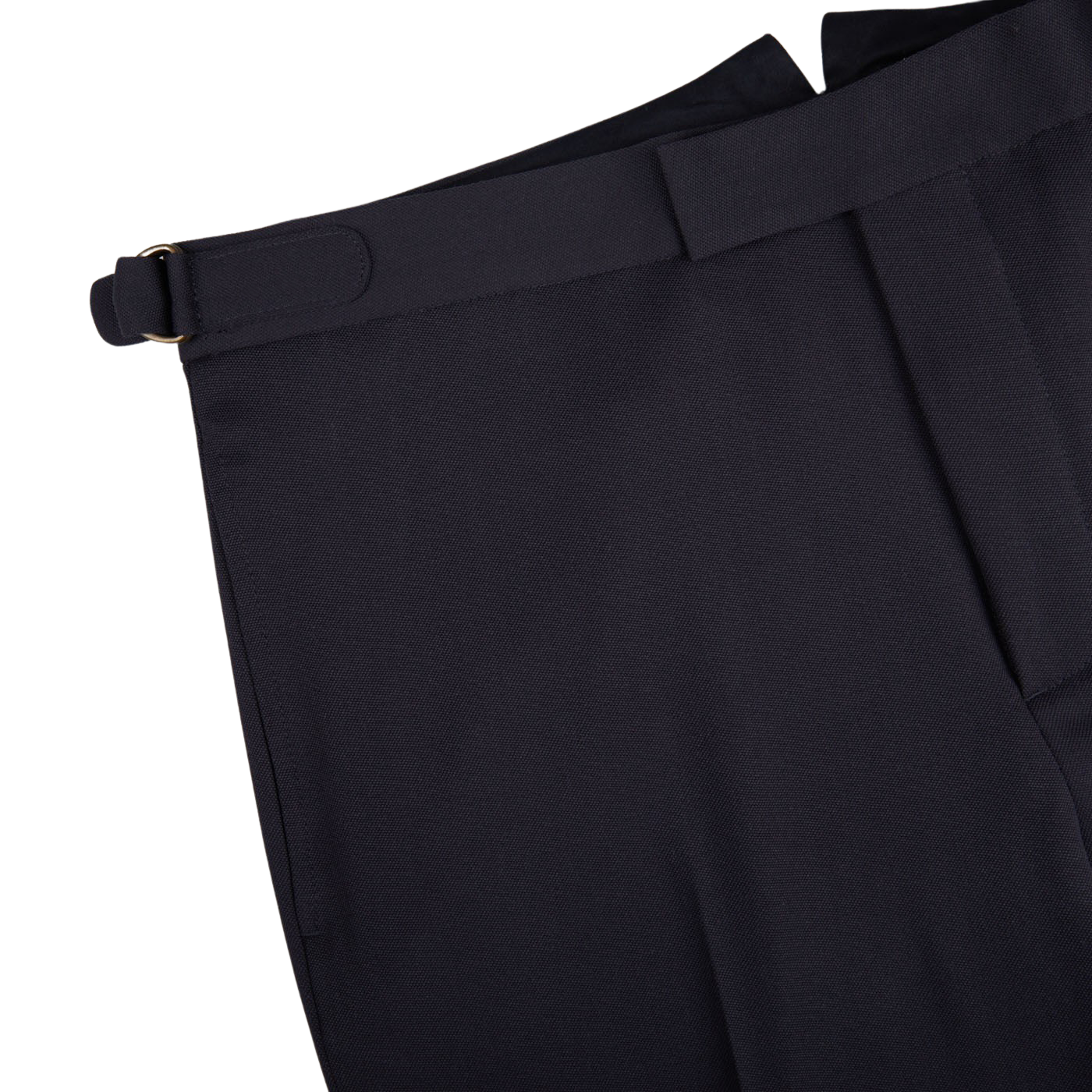 A close up of a Navy Blue Textured Worsted Wool Riviera Trouser with gold buckles by Alexander Kraft Monte Carlo.
