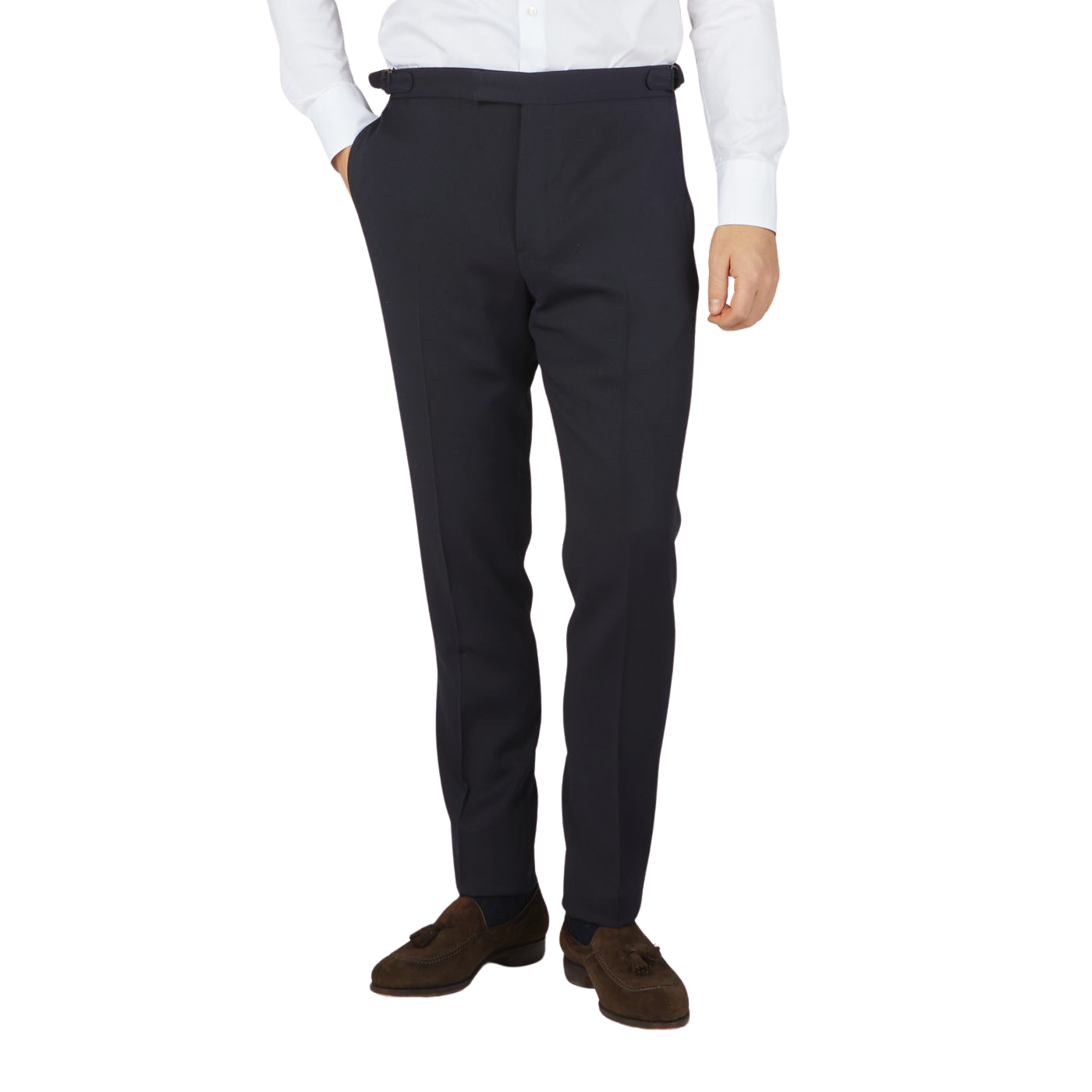 A man dressed in Alexander Kraft Monte Carlo's Navy Blue Textured Worsted Wool Riviera Trousers and a white shirt.