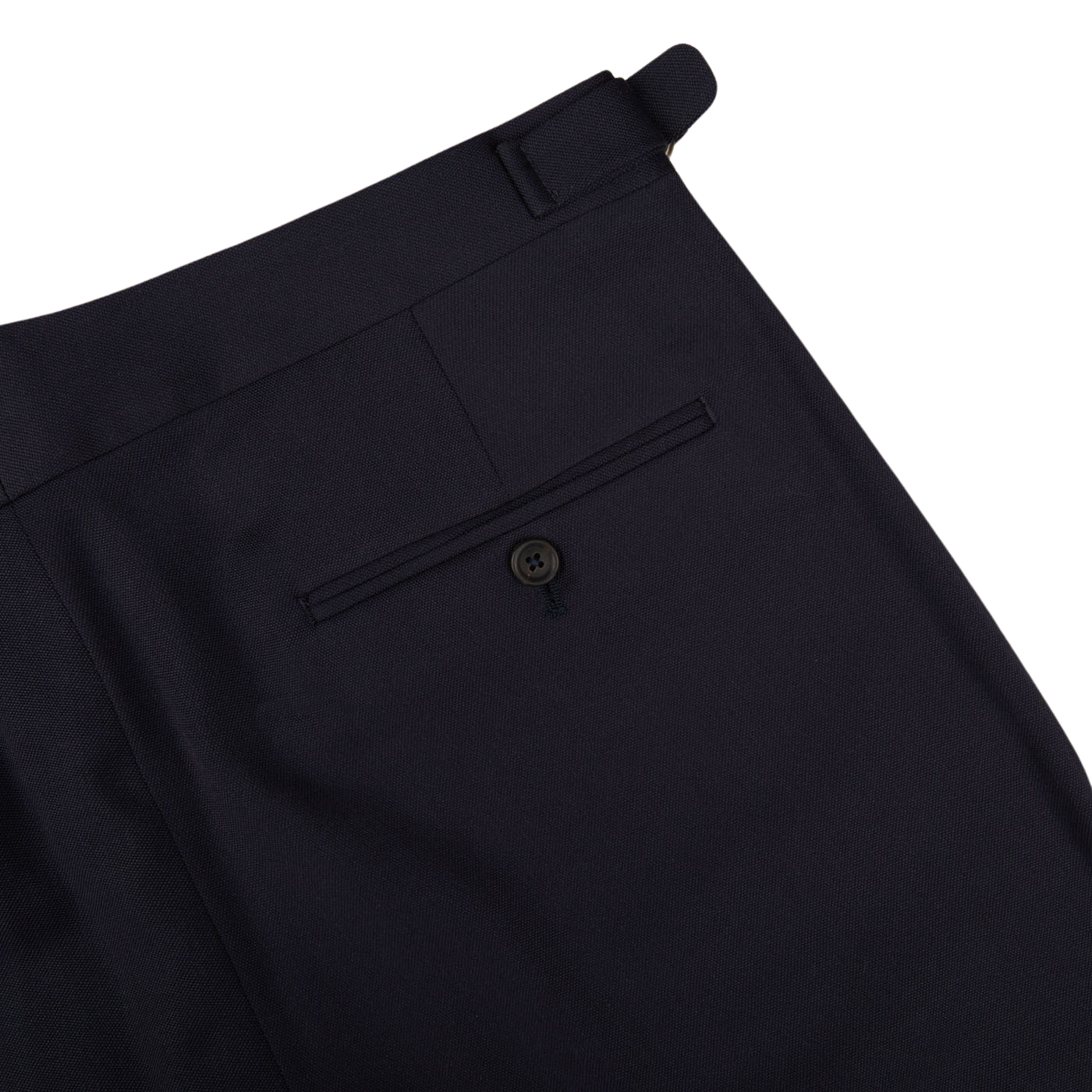 A close up of formal Navy Blue Textured Worsted Wool Riviera Trousers made by Alexander Kraft Monte Carlo.