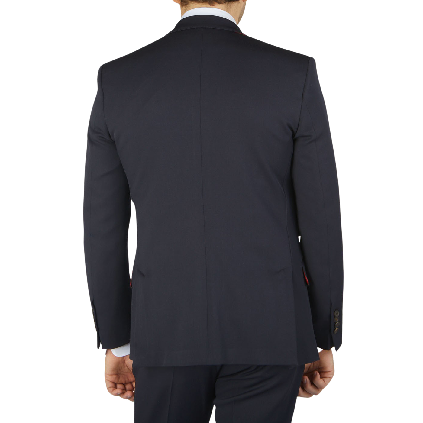 The back view of a man wearing an Alexander Kraft Monte Carlo Navy Blue Textured Worsted Wool Signature Jacket.
