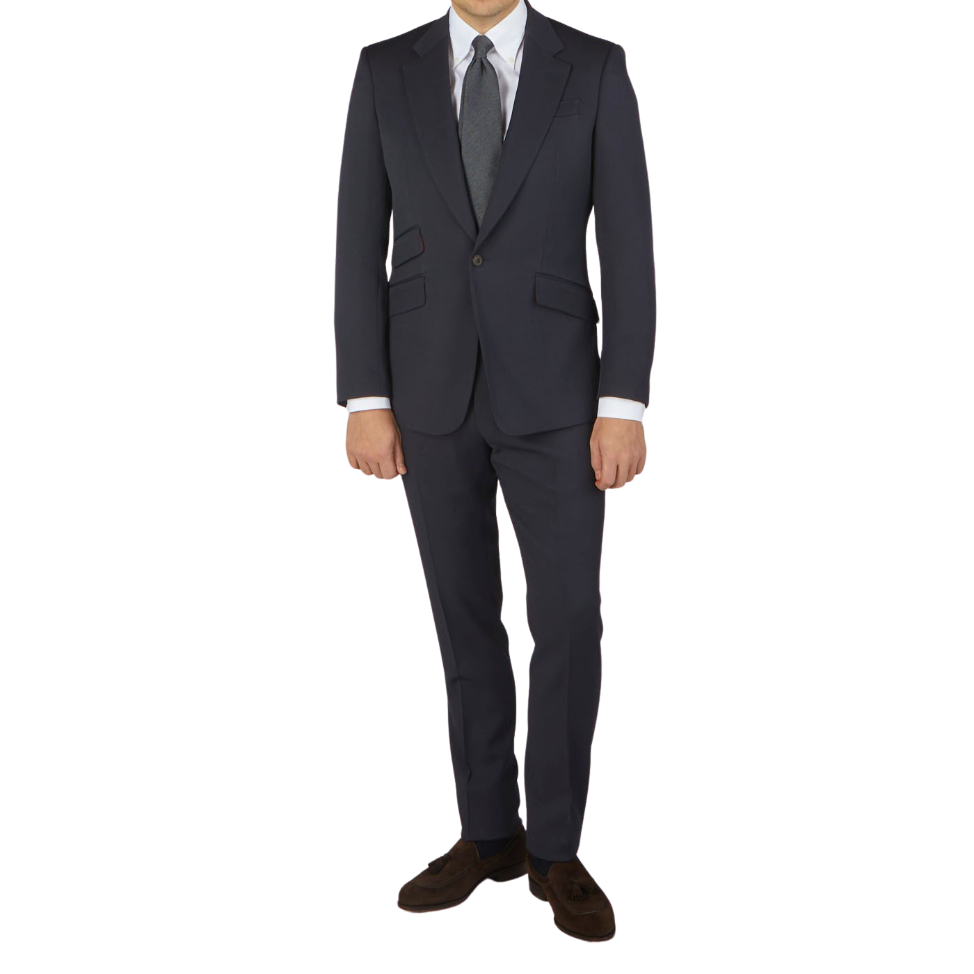 A man is posing in an Alexander Kraft Monte Carlo Navy Blue Textured Worsted Wool Signature Jacket.