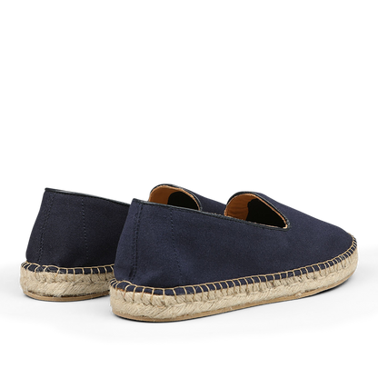 A pair of Alexander Kraft Monte Carlo Dark Blue Cotton Luxury Espadrilles, featuring woven rope soles.