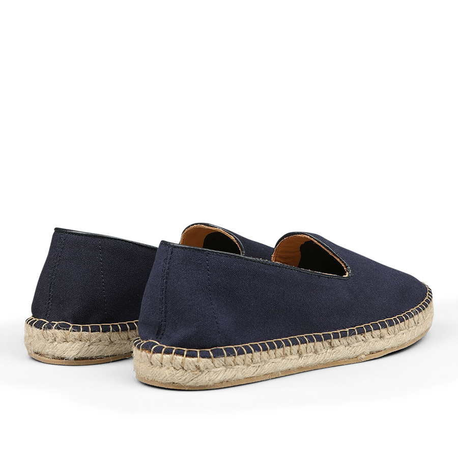A pair of Alexander Kraft Monte Carlo Dark Blue Cotton Luxury Espadrilles, featuring woven rope soles.