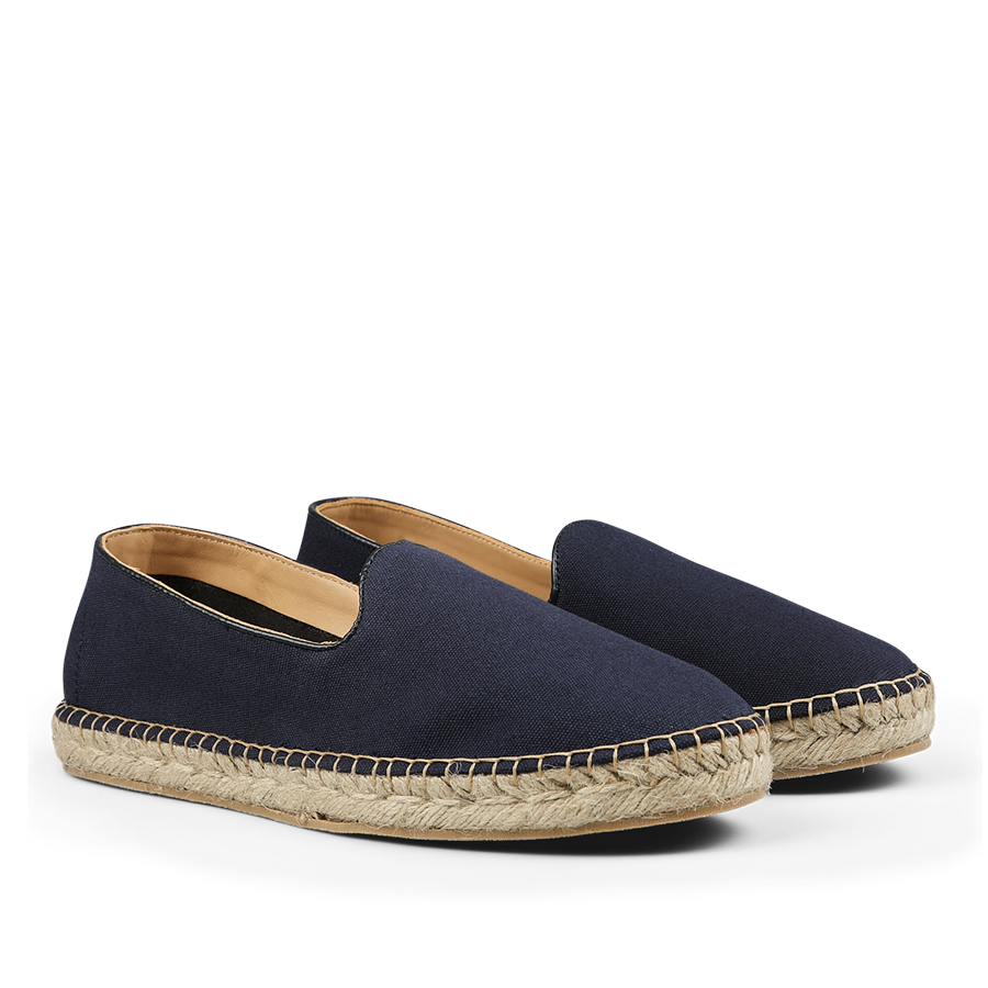 A pair of dark blue cotton luxury espadrilles by Alexander Kraft Monte Carlo, featuring a woven jute sole.