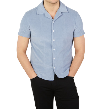 Altea Blue Organic Towelling Cotton Capri Collar Shirt Front
