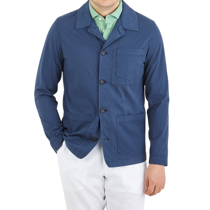 Altea Blue Washed Blue Cotton Seersucker Shacket Front