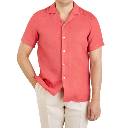 Altea Coral Red Linen Short Sleeve Shirt Front