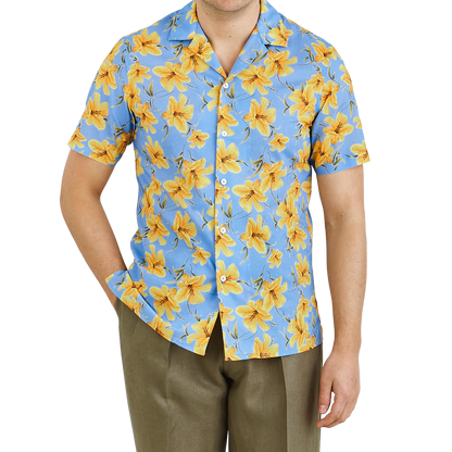 Altea Light Blue Printed Cotton Short Sleeve Shirt Front