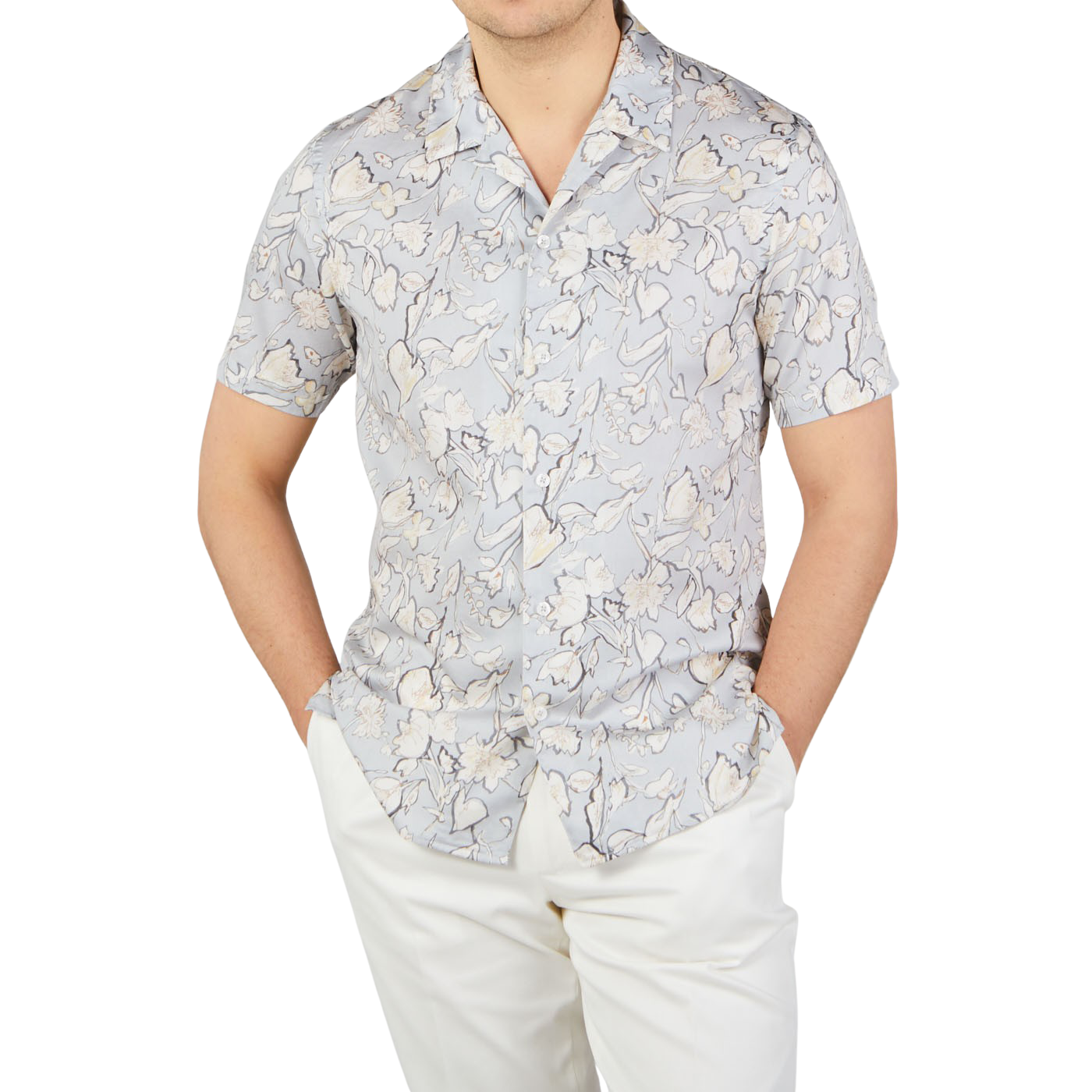 Altea Light Grey Flower Printed Cotton Shirt Front