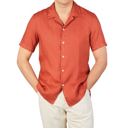 Altea Muted Orange Linen Short Sleeve Shirt Front