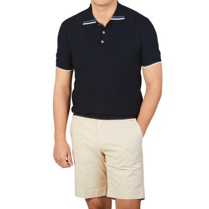 Altea Navy Blue Cotton Tipped Polo Shirt Front
