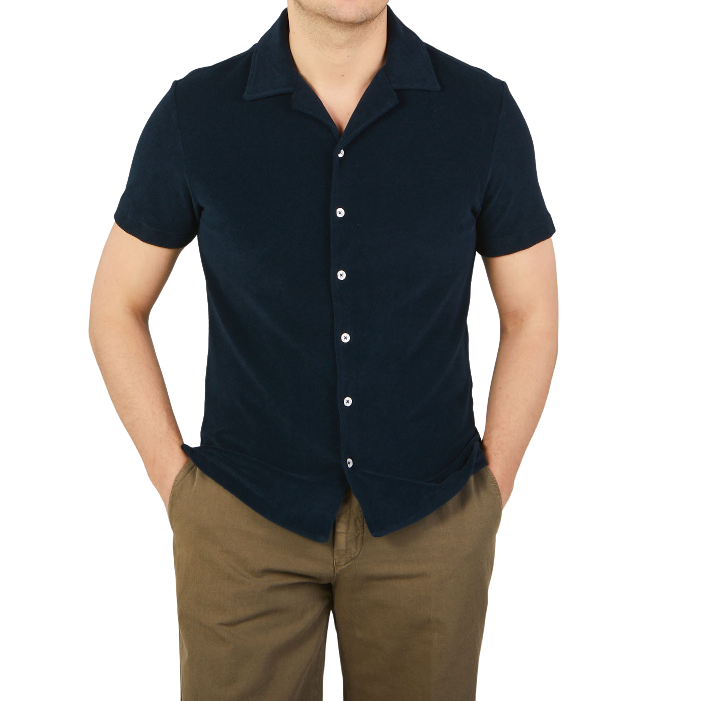 Altea Navy Organic Towelling Cotton Capri Collar Shirt Front