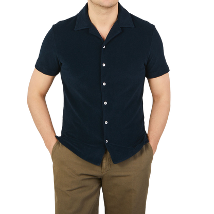 Altea Navy Organic Towelling Cotton Capri Collar Shirt Front
