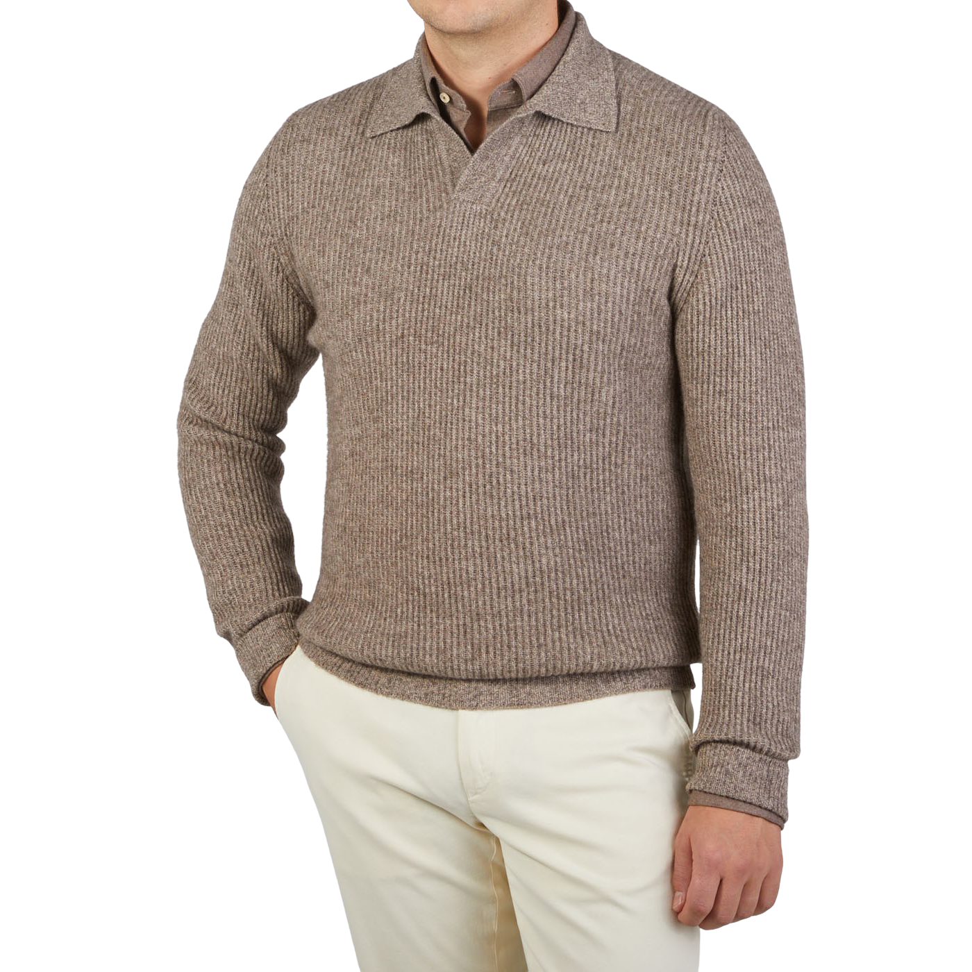Altea Taupe Melange Wool Cashmere LS Polo Front1