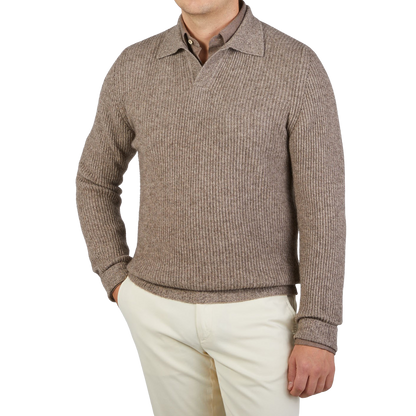 Altea Taupe Melange Wool Cashmere LS Polo Front1