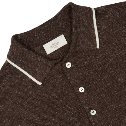 Close-up of an Altea Brown Melange Linen Cashmere Blend Polo Shirt collar with white trim and buttons.