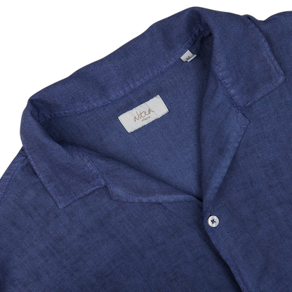 Close-up of an Altea Dark Blue Linen Blend Open Collar Shirt collar and label.