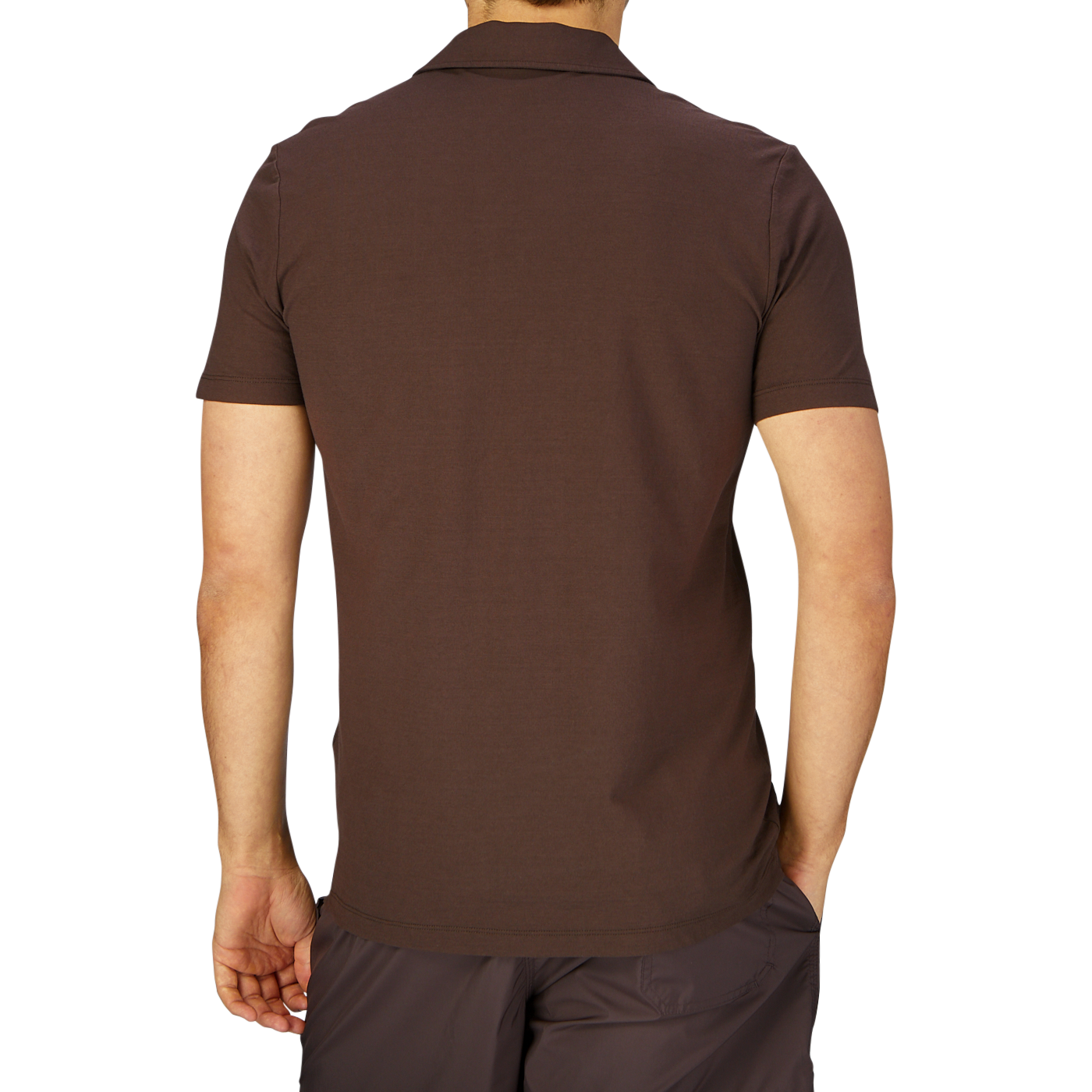 Rear view of a person wearing a Altea Dark Brown Cotton Jersey Capri Collar Polo Shirt and dark pants.