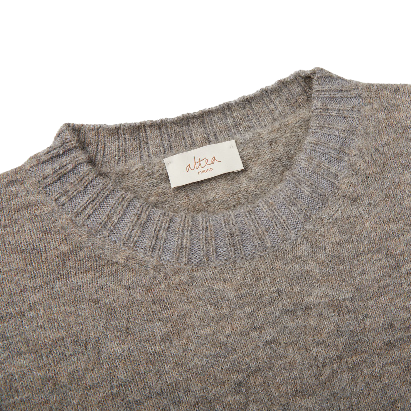 A seasonal Altea grey melange wool alpaca crewneck sweater with a label on it.