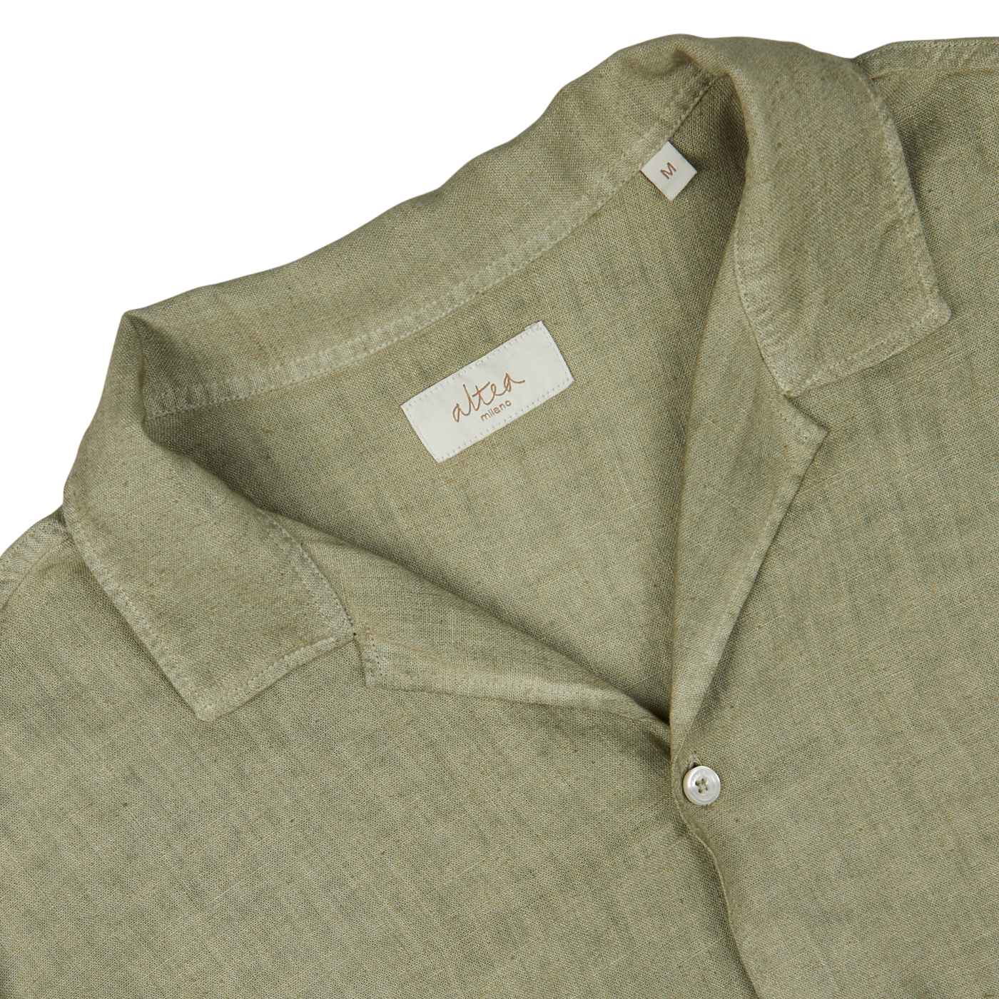 Close-up of an Altea Moss Green Linen Blend Camp Collar Shirt's collar and label.