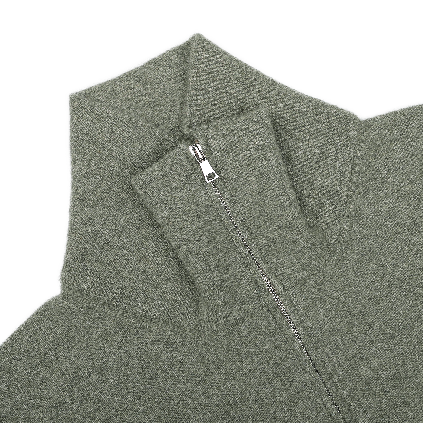 An up-close image of the Altea Moss Green Wool Fleece 1/4 Zip Sweater, showcasing its high collar and cozy wool blend construction.