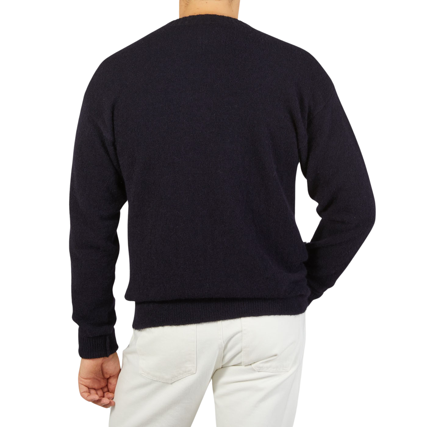 The back view of a man wearing an Altea Navy Blue Wool Alpaca Crewneck Sweater.