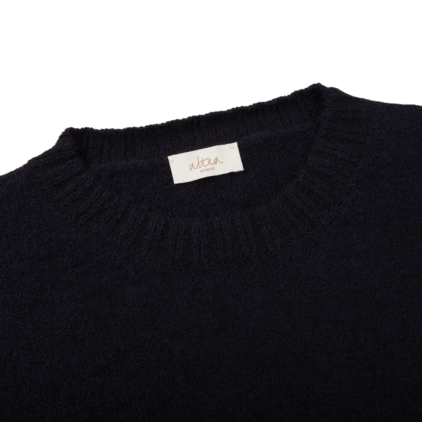A seasonal Altea Navy Blue Wool Alpaca Crewneck Sweater with a label on it.