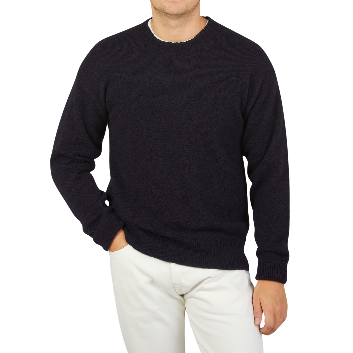 A man wearing a seasonal Navy Blue Wool Alpaca crewneck sweater by Altea.