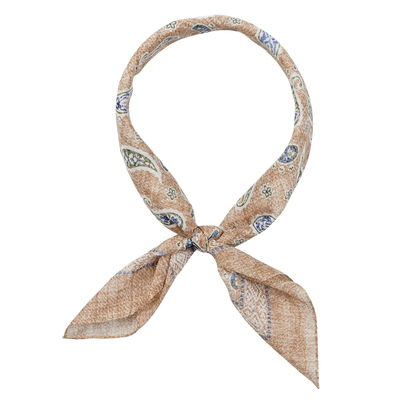 Beige Melange Paisley Print Cotton Bandana by Amanda Christensen tied in a knot on a white background.