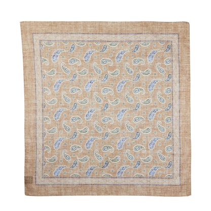 Amanda Christensen Beige Melange Paisley Print Cotton Bandana with a bordered edge.