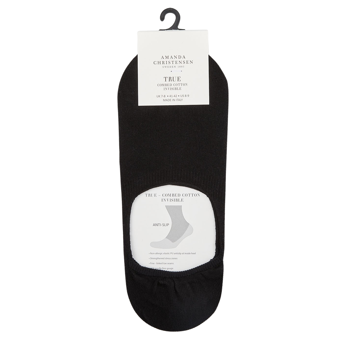 A pair of Amanda Christensen Black Cotton Invisible Socks with a white label.
