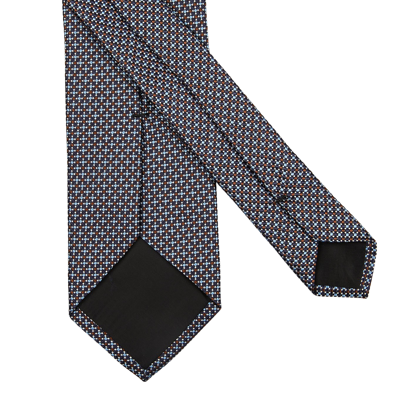 A close-up shot of a Amanda Christensen Dark Brown Blue Dot Silk Lined Tie.