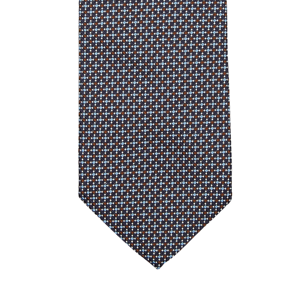 A Dark Brown Blue Dot Silk Lined Tie by Amanda Christensen, with blue and dark brown squares on a white background.