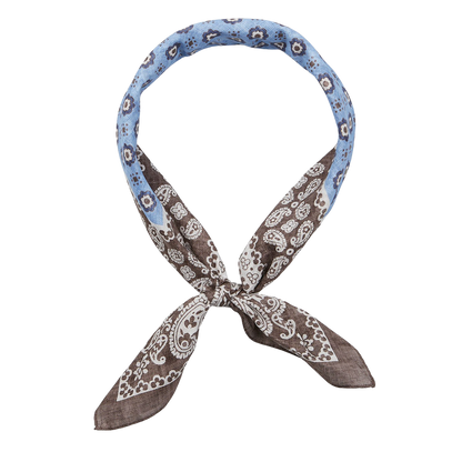 A Brown Melange Paisley Print Cotton Bandana tied in a knot against a white background by Amanda Christensen.