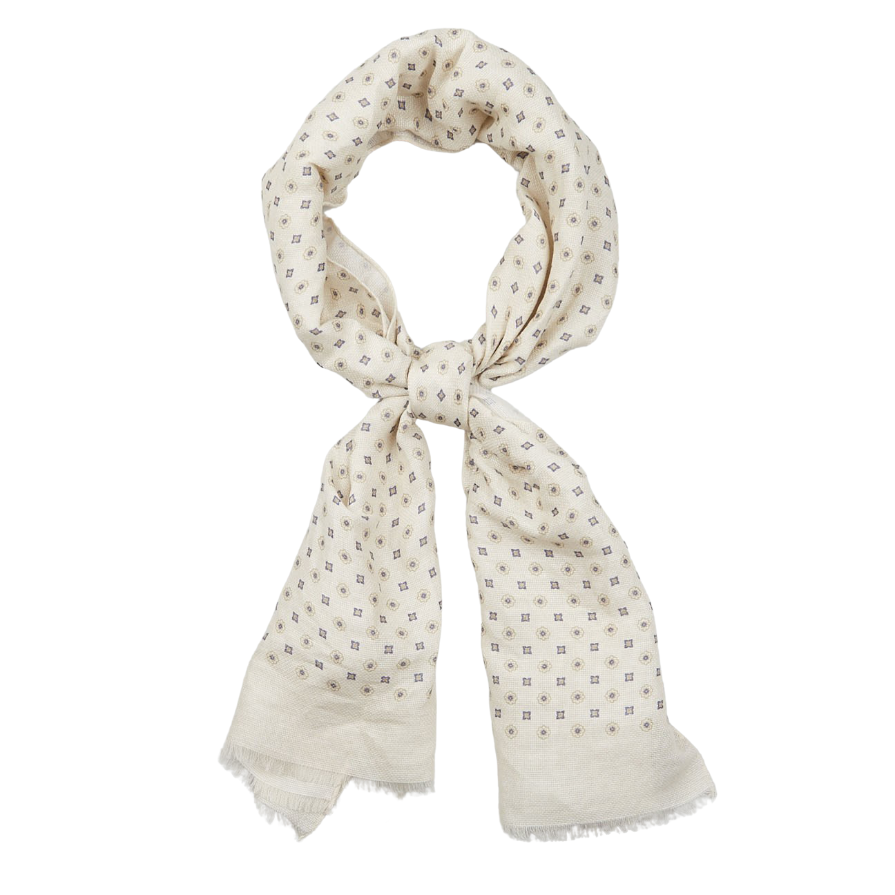 Cream Medallion Printed Linen Cotton Scarf by Amanda Christensen, tied in a knot, displayed against a white background.