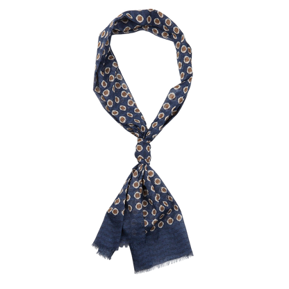 Dark Blue Geometrical Printed Cotton Scarf by Amanda Christensen with an abstract dot pattern, made in Italy, casually tied on a white background.