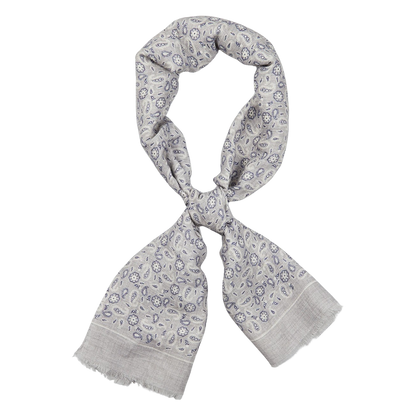 A Grey Paisley Printed Linen Cotton Scarf with a white and purple floral pattern on a white background by Amanda Christensen.