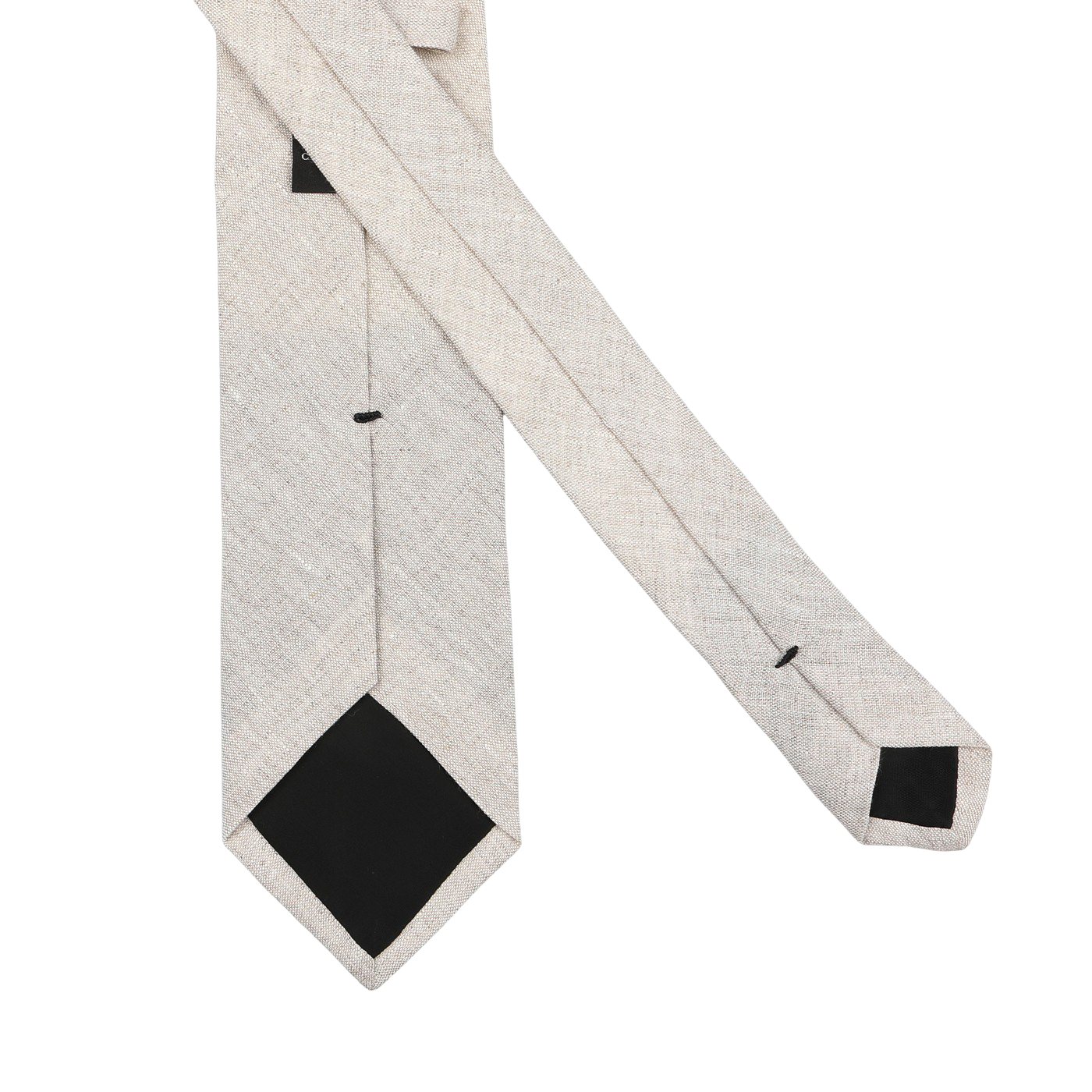 The Amanda Christensen Light Beige Melange Linen Tie, with black pointed ends, is crafted from pure linen and made in Italy, displayed against a light gray background.