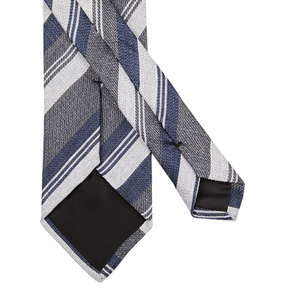 A blue and white striped tie on a white background. Made with pure silk fabric, this classic accessory from Amanda Christensen, the "Blue Grey Striped Silk Lined Tie" by Amanda Christensen, offers a refined touch to any outfit.