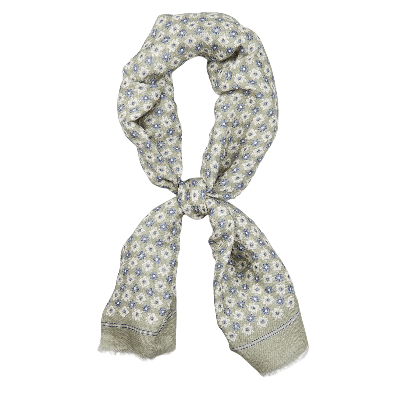 Olive green floral printed linen cotton scarf with fringe on a white background by Amanda Christensen.