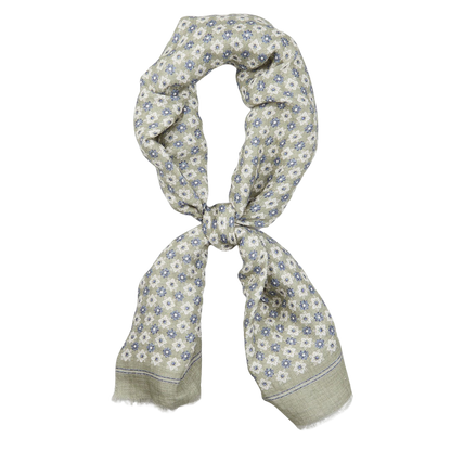 Olive green floral printed linen cotton scarf with fringe on a white background by Amanda Christensen.