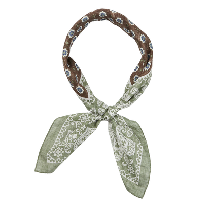 Amanda Christensen Olive Melange Paisley Print Cotton Bandana tied in a knot on a white background.