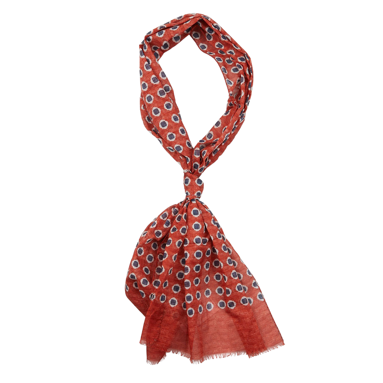 A patterned orange and white Amanda Christensen scarf with fringe on a white background.