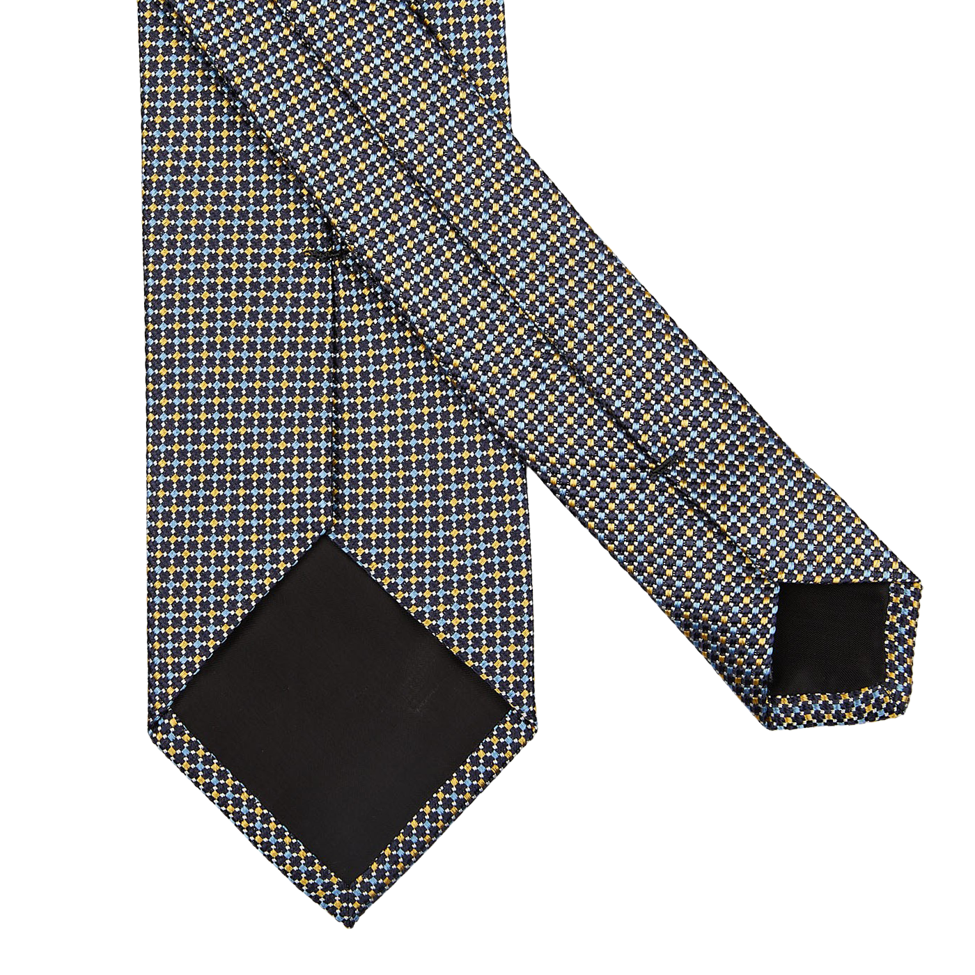 A close-up of an Amanda Christensen Dark Blue Yellow Dot Silk Lined Tie.