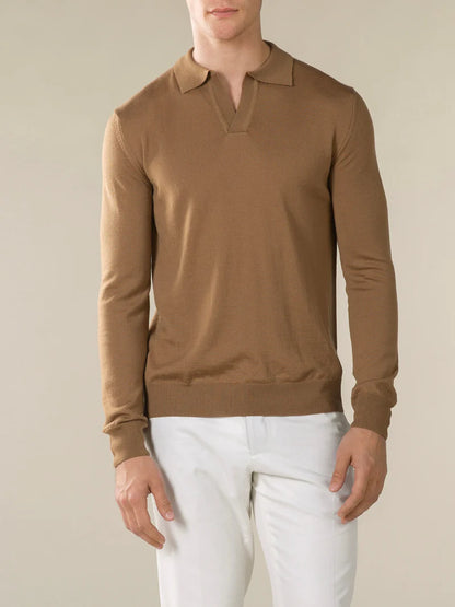 Caramel Cashwool Buttonless Polo LS