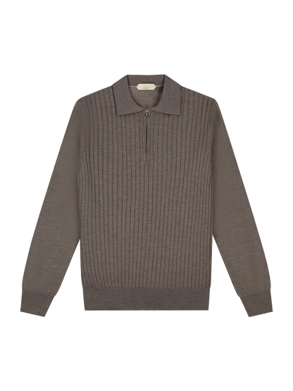 Ash Grey Cashwool Ribbed Zipper Polo LS