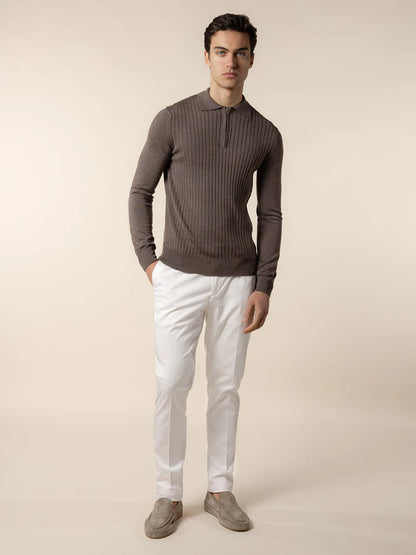 Ash Grey Cashwool Ribbed Zipper Polo LS